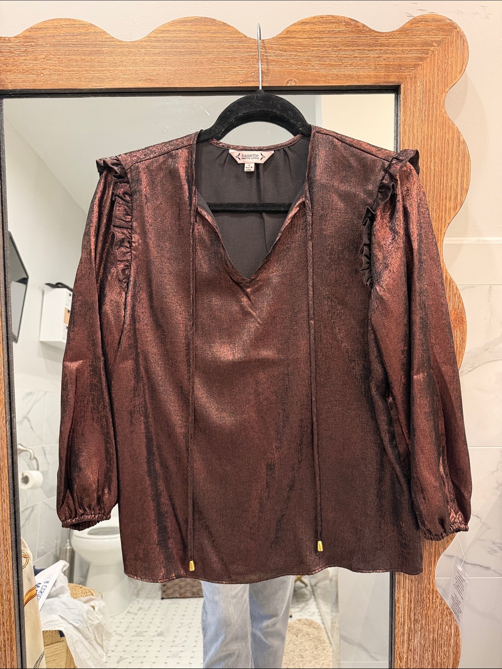 Nanette Lepore Metallic Bronze V-Neck Ruffle Sleeve Blouse